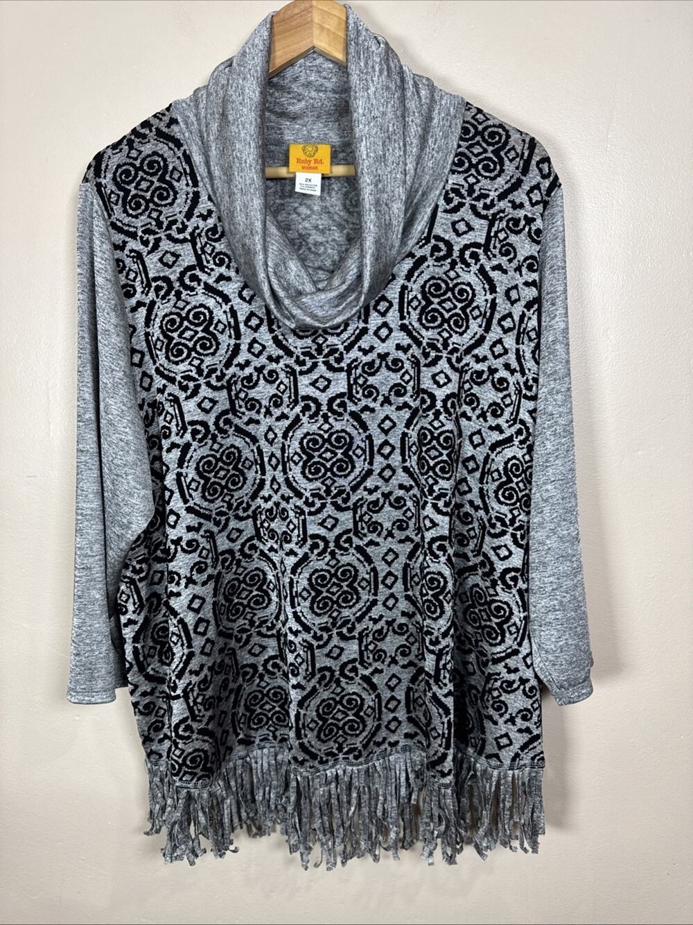 Ruby Rd Womens Plus Size Sweater 2X Cowl Neck Fringe Velvet Burnout Boho